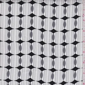 1 3/4 YD PC-White/Black/Grey Circle Stripe Rayon Challis Fabric