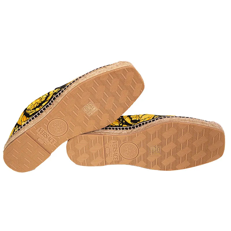 37/38 NEW $550 VERSACE Black Yellow CLASSIC ST BAROCCO LOGO Espadrille SUMMER FLATS