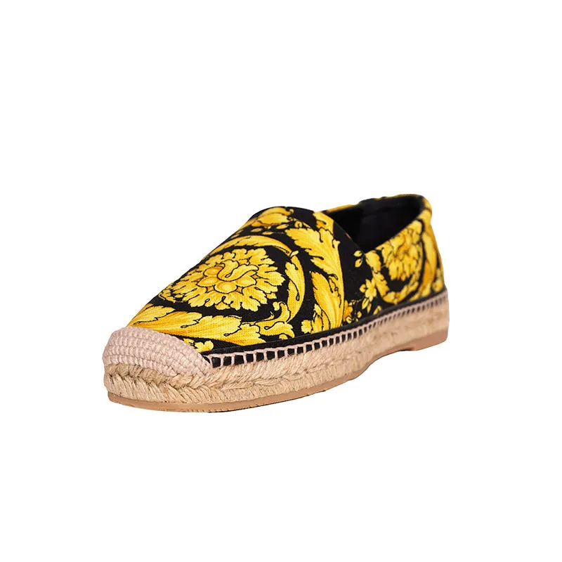 37/38 NEW $550 VERSACE Black Yellow CLASSIC ST BAROCCO LOGO Espadrille SUMMER FLATS