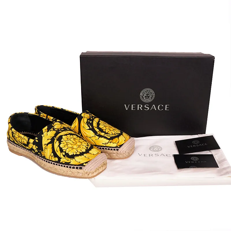 37/38 NEW $550 VERSACE Black Yellow CLASSIC ST BAROCCO LOGO Espadrille SUMMER FLATS