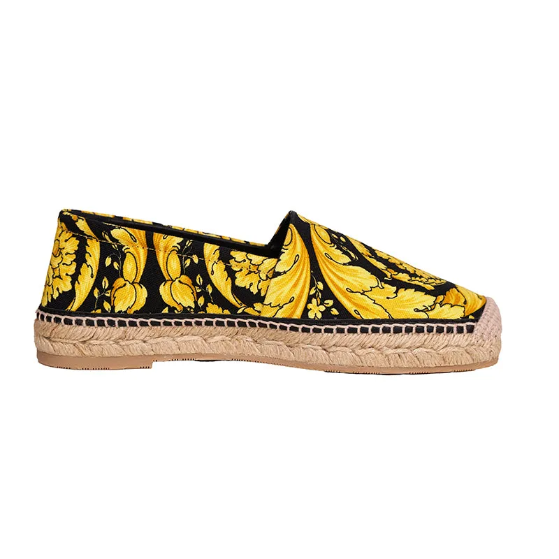 37/38 NEW $550 VERSACE Black Yellow CLASSIC ST BAROCCO LOGO Espadrille SUMMER FLATS