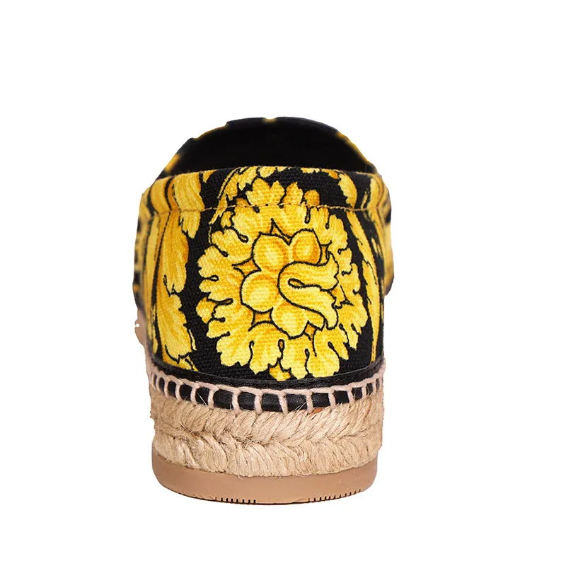 37/38 NEW $550 VERSACE Black Yellow CLASSIC ST BAROCCO LOGO Espadrille SUMMER FLATS