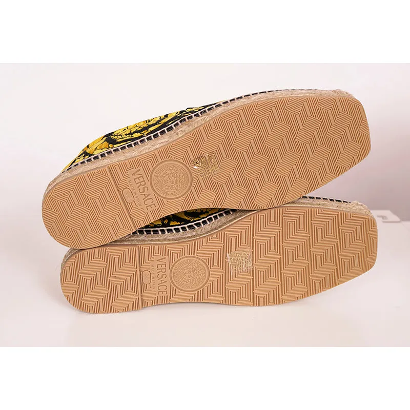 37/38 NEW $550 VERSACE Black Yellow CLASSIC ST BAROCCO LOGO Espadrille SUMMER FLATS