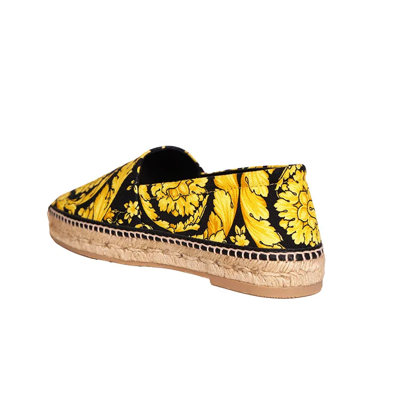 37/38 NEW $550 VERSACE Black Yellow CLASSIC ST BAROCCO LOGO Espadrille SUMMER FLATS