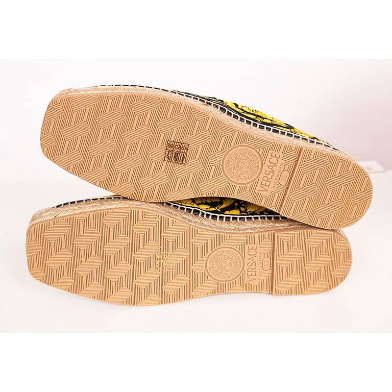 37/38 NEW $550 VERSACE Black Yellow CLASSIC ST BAROCCO LOGO Espadrille SUMMER FLATS