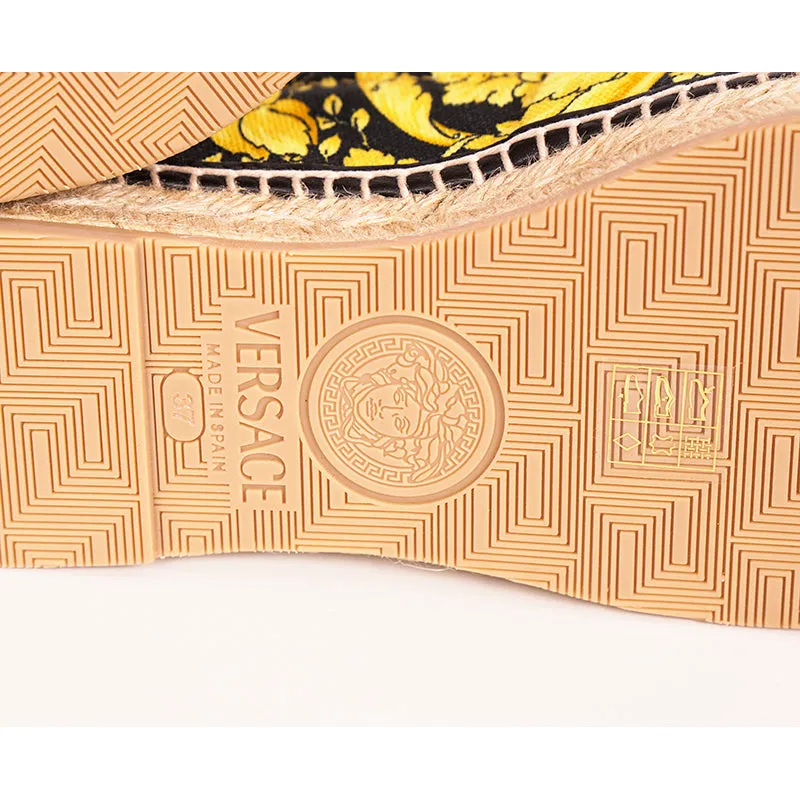 37/38 NEW $550 VERSACE Black Yellow CLASSIC ST BAROCCO LOGO Espadrille SUMMER FLATS