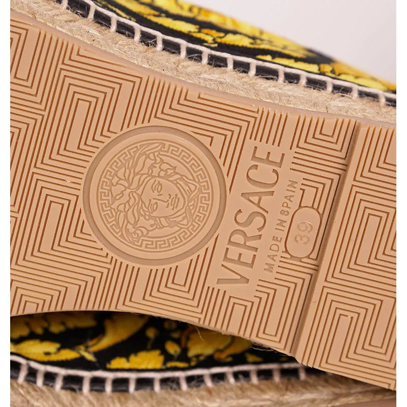 37/38 NEW $550 VERSACE Black Yellow CLASSIC ST BAROCCO LOGO Espadrille SUMMER FLATS