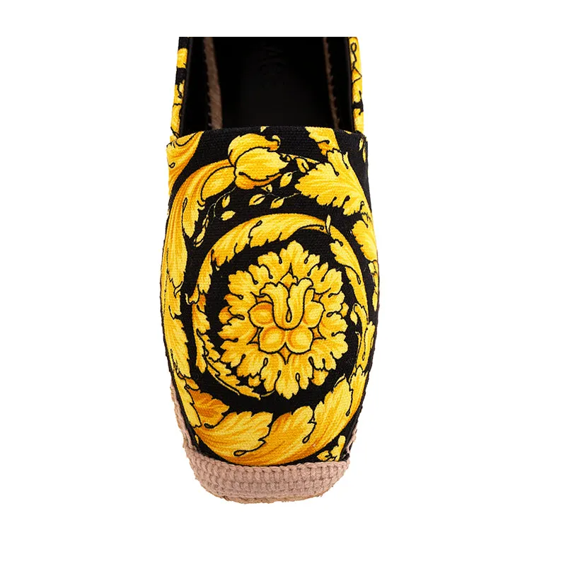 37/38 NEW $550 VERSACE Black Yellow CLASSIC ST BAROCCO LOGO Espadrille SUMMER FLATS