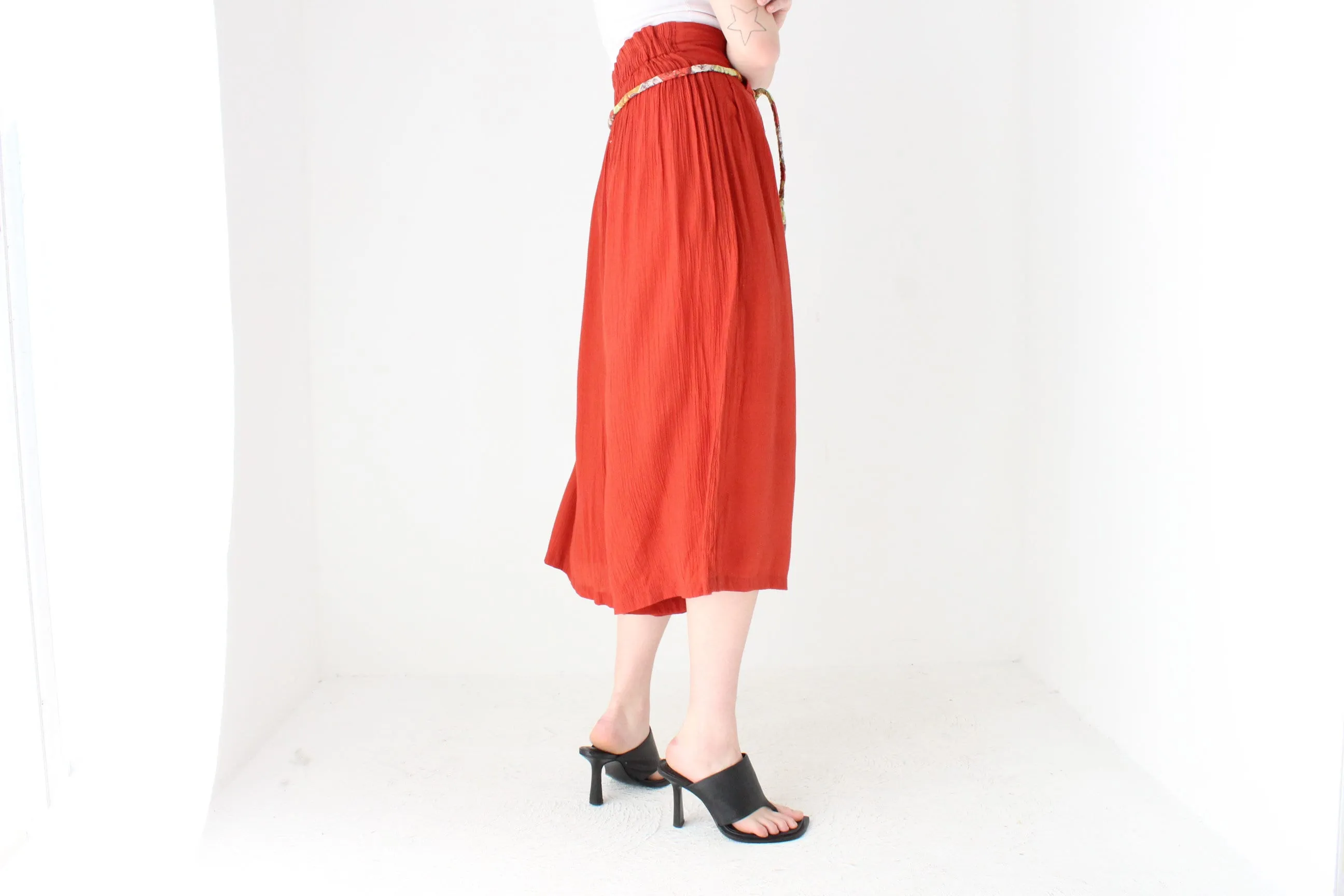 80s Burnt Orange Rayon Gauze Flared Culotte Pants