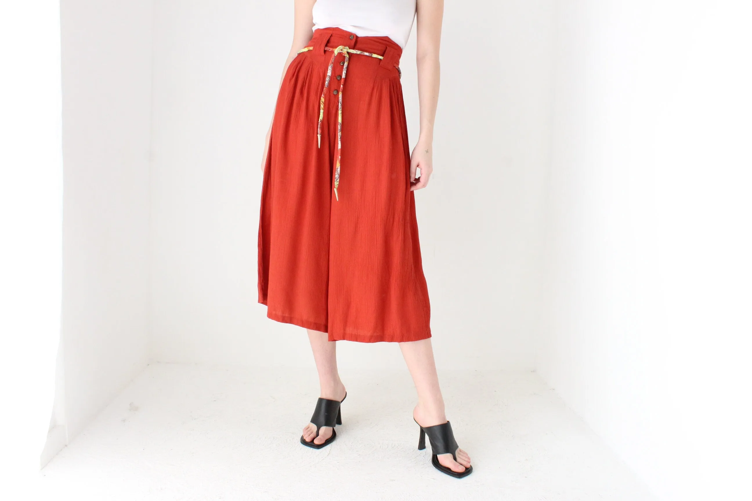 80s Burnt Orange Rayon Gauze Flared Culotte Pants