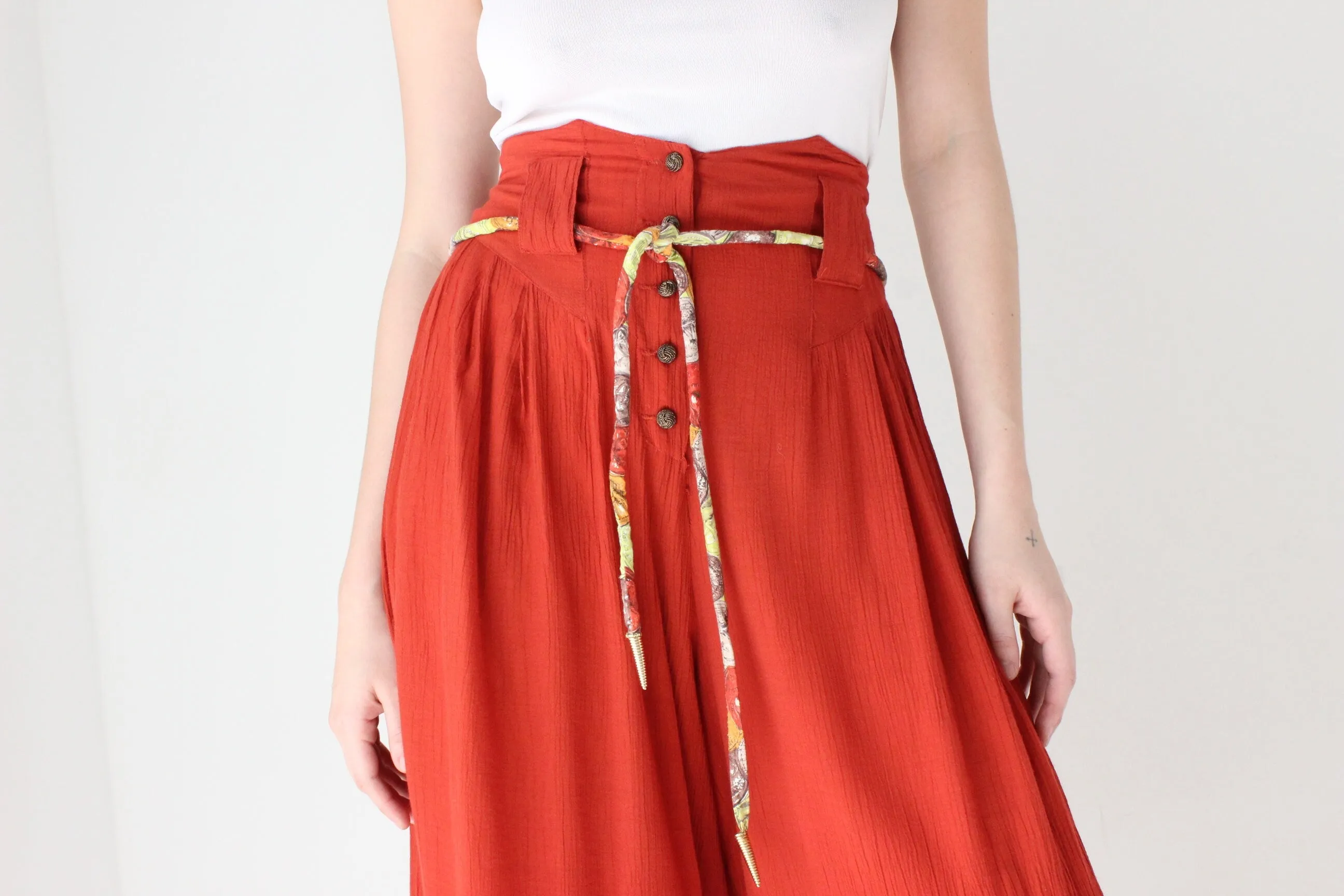 80s Burnt Orange Rayon Gauze Flared Culotte Pants