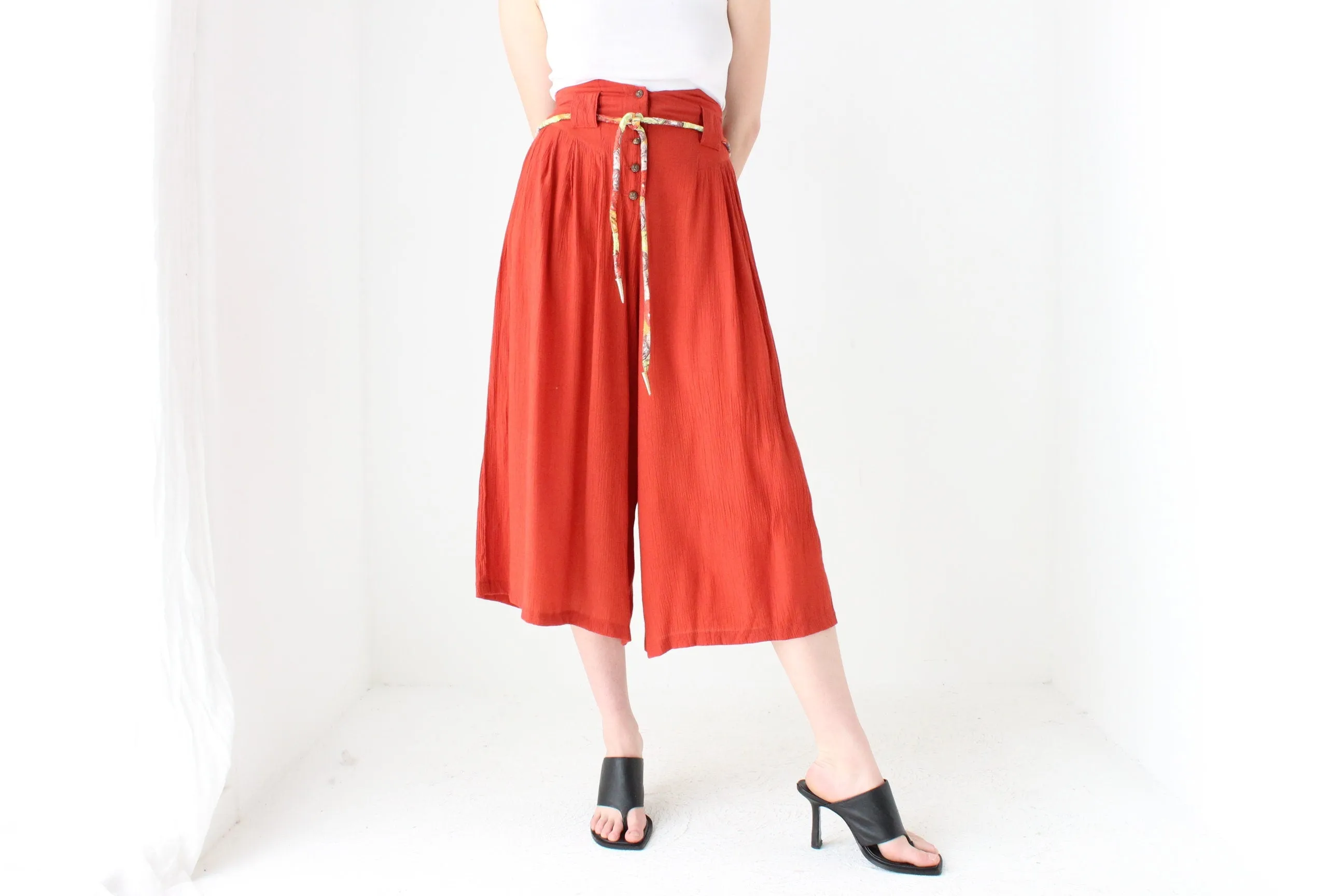 80s Burnt Orange Rayon Gauze Flared Culotte Pants