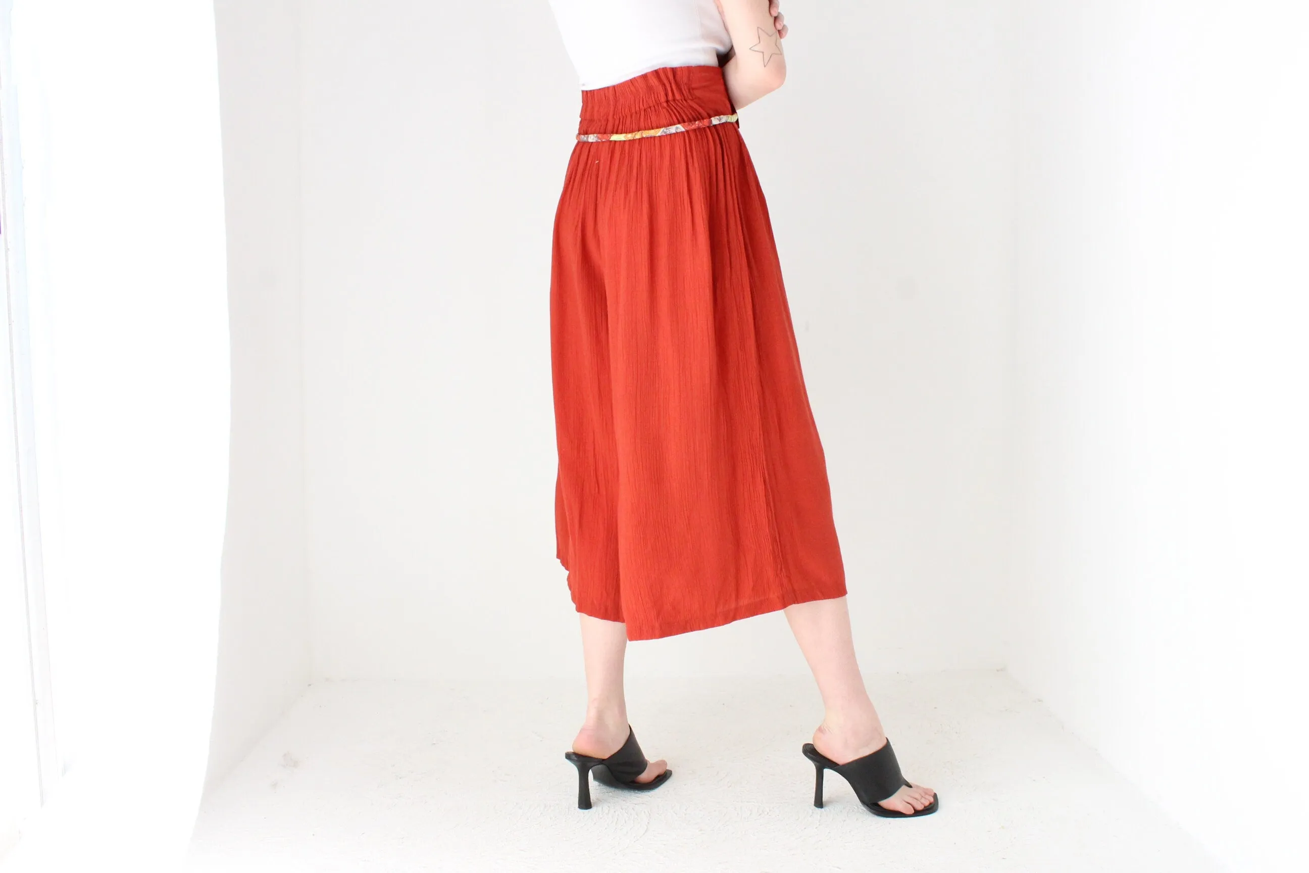 80s Burnt Orange Rayon Gauze Flared Culotte Pants