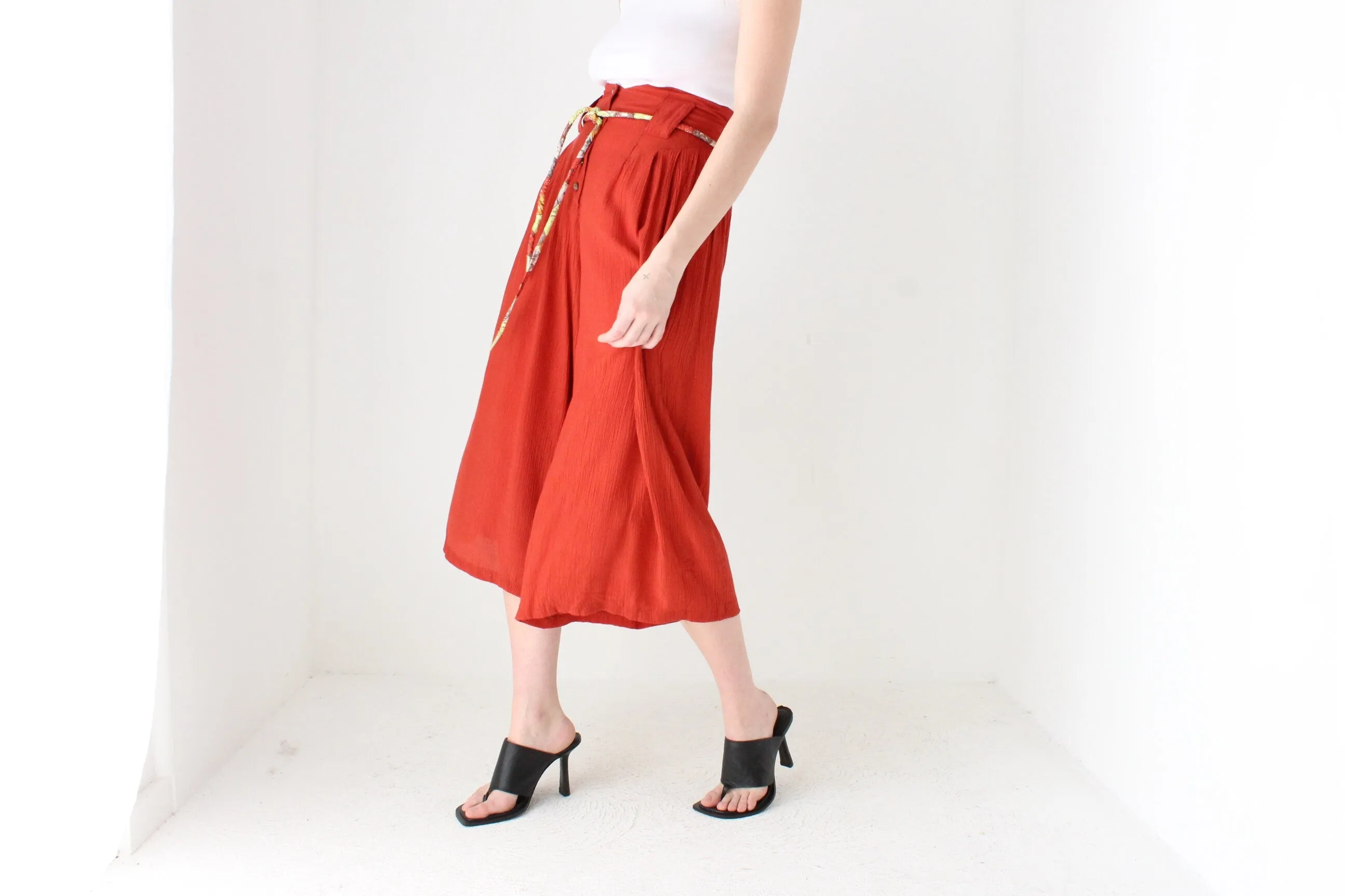 80s Burnt Orange Rayon Gauze Flared Culotte Pants