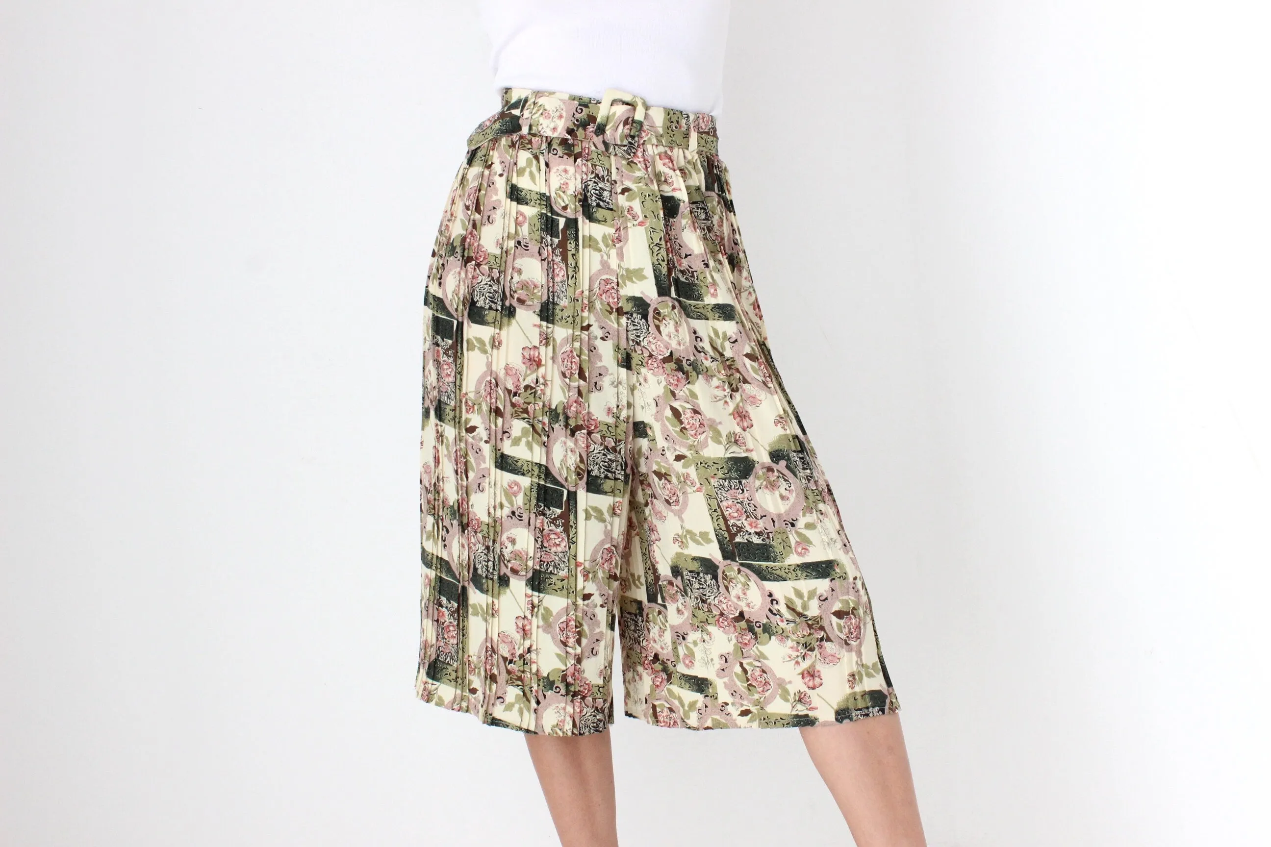 80s Pleated Floral Culotte Shorts w/ Matching Belt