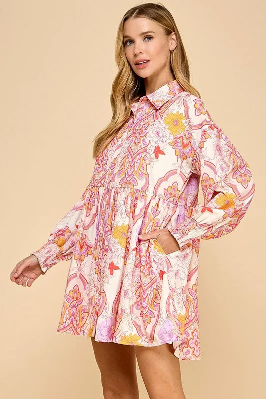 Abstract Print Button Down Shirt Dress