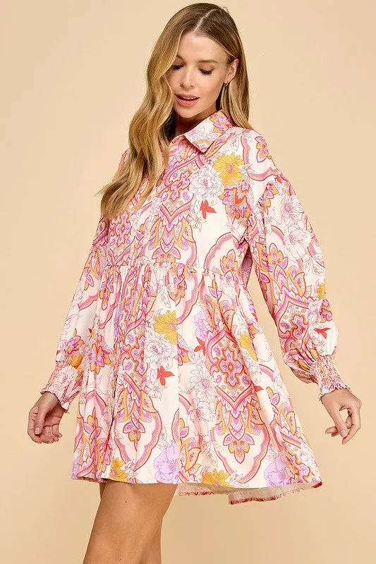 Abstract Print Button Down Shirt Dress