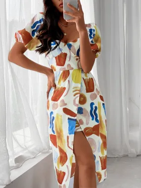 All Over Print Wrap Short Sleeve Sweetheart Wrap High Waist Midi Dress