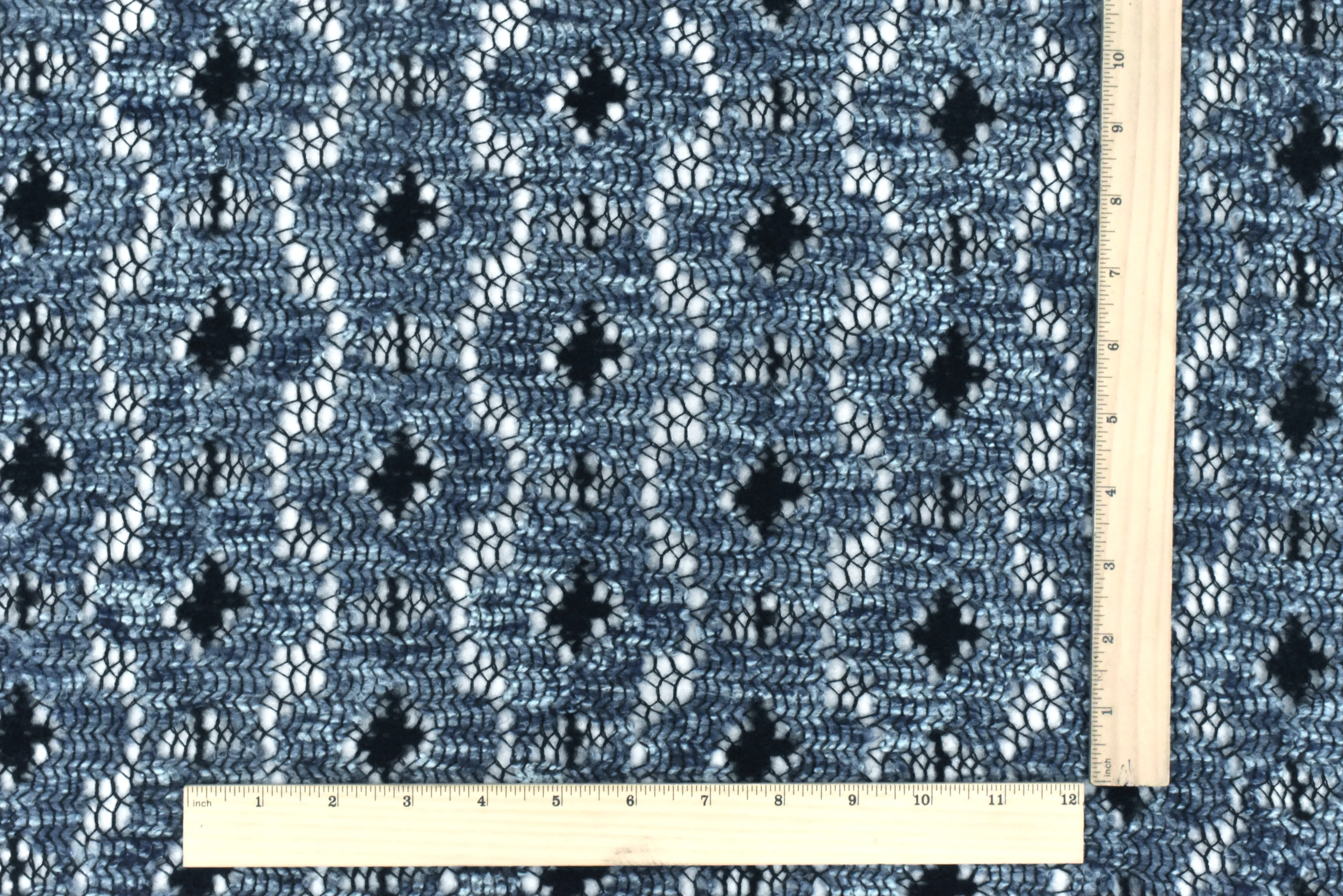 Ash Blue-Black-Multi Abstract Floral Raschel Crochet Knit Fabric