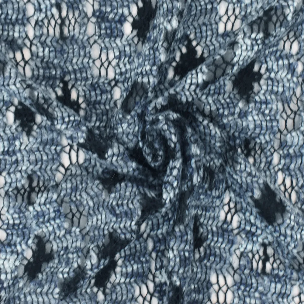 Ash Blue-Black-Multi Abstract Floral Raschel Crochet Knit Fabric