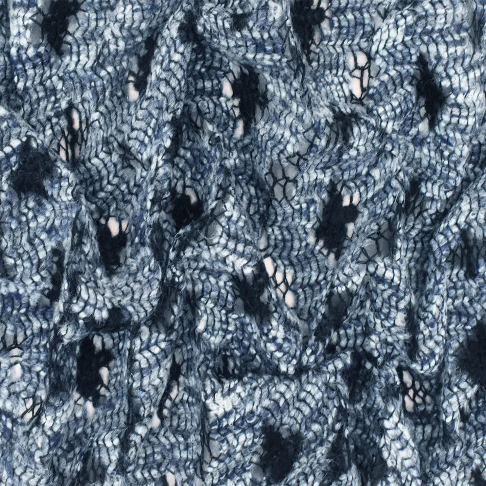 Ash Blue-Black-Multi Abstract Floral Raschel Crochet Knit Fabric