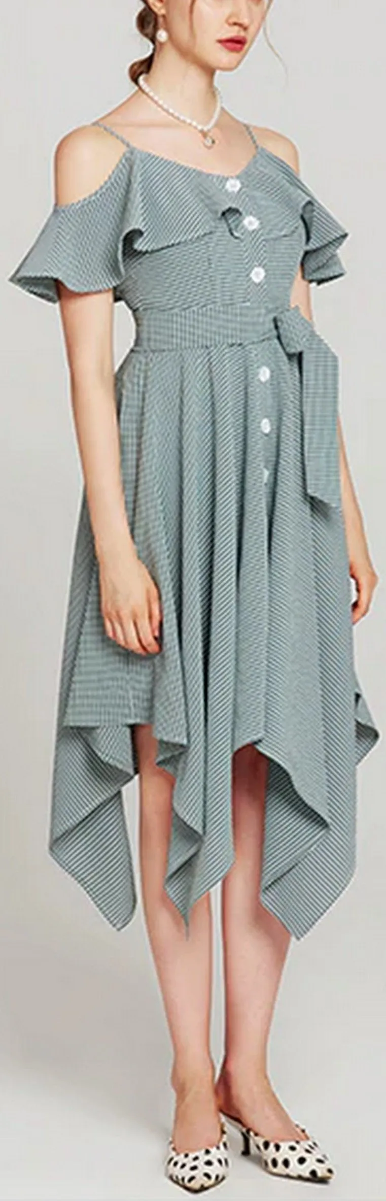 Asymmetrical Off-the-Shoulder Button-Down Ruffle Dress