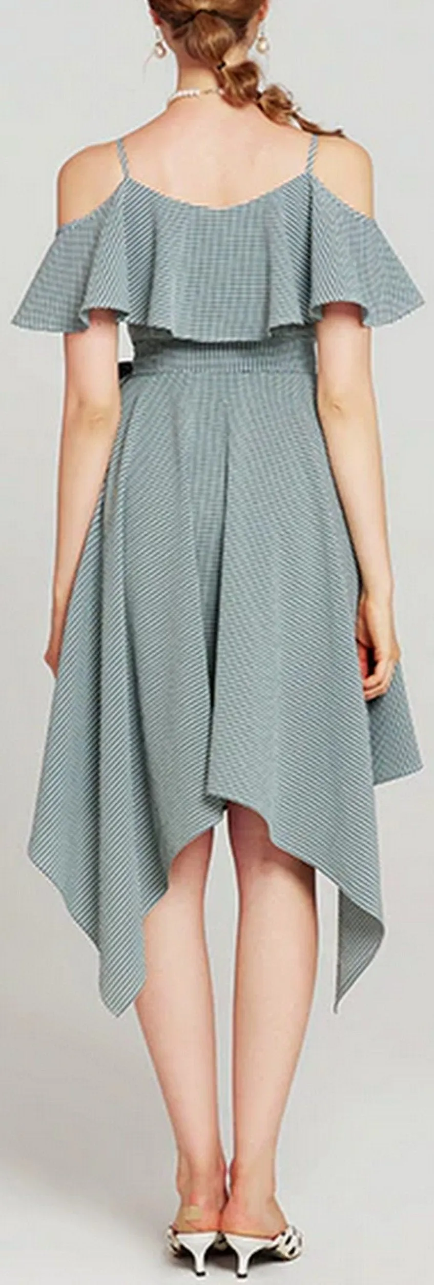 Asymmetrical Off-the-Shoulder Button-Down Ruffle Dress