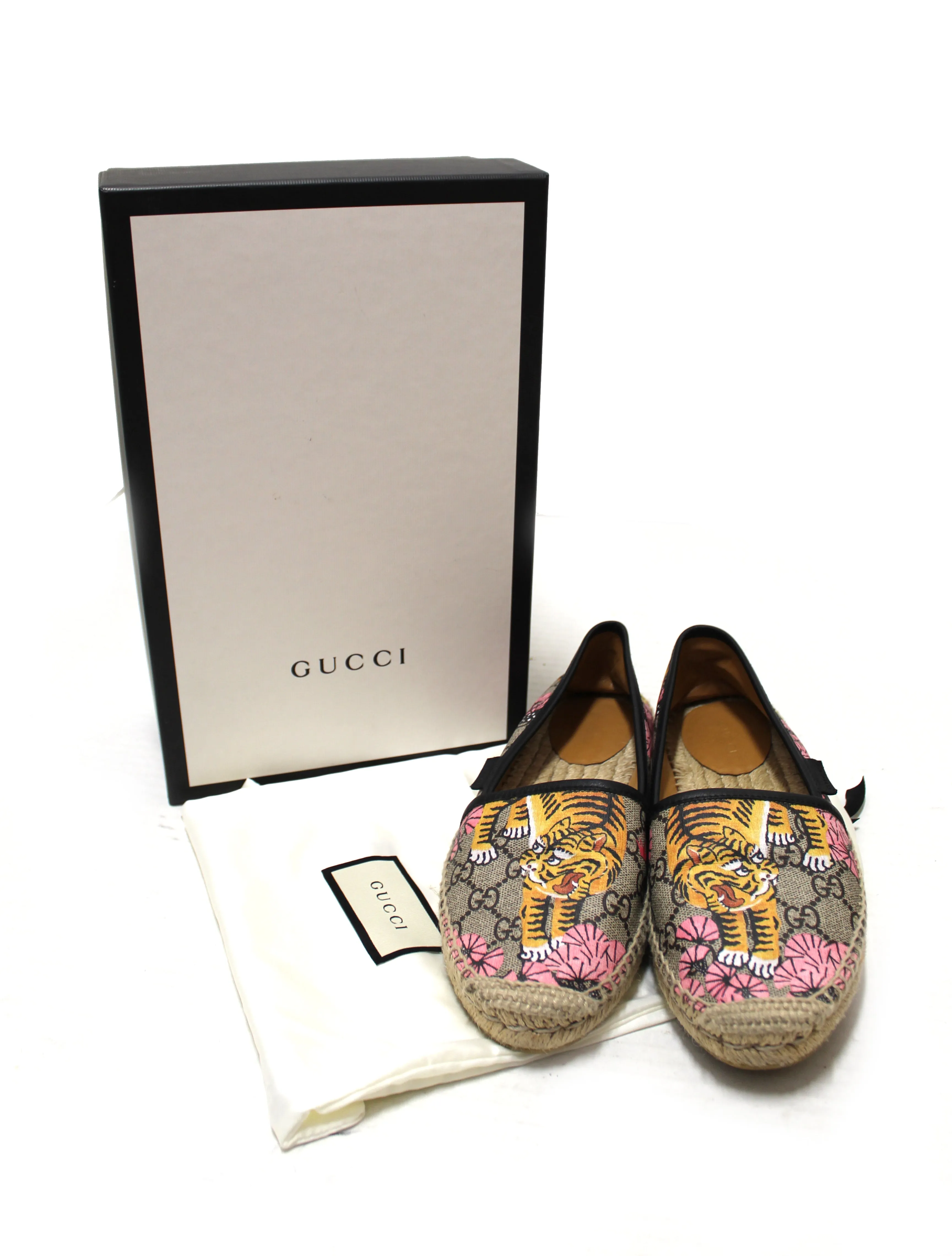 Authentic Gucci Tiger Bengal GG coated Canvas Espadrille Loafer Flats Shoes Size 37