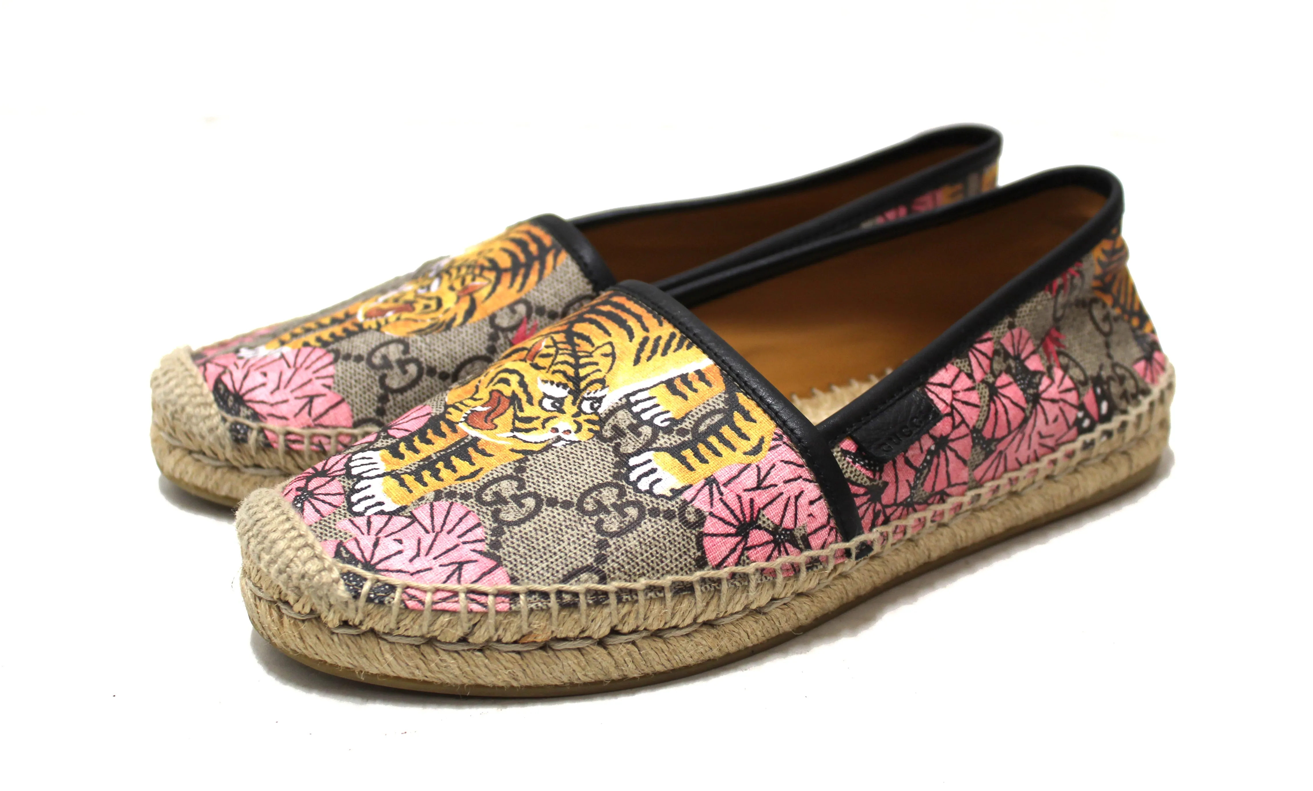 Authentic Gucci Tiger Bengal GG coated Canvas Espadrille Loafer Flats Shoes Size 37