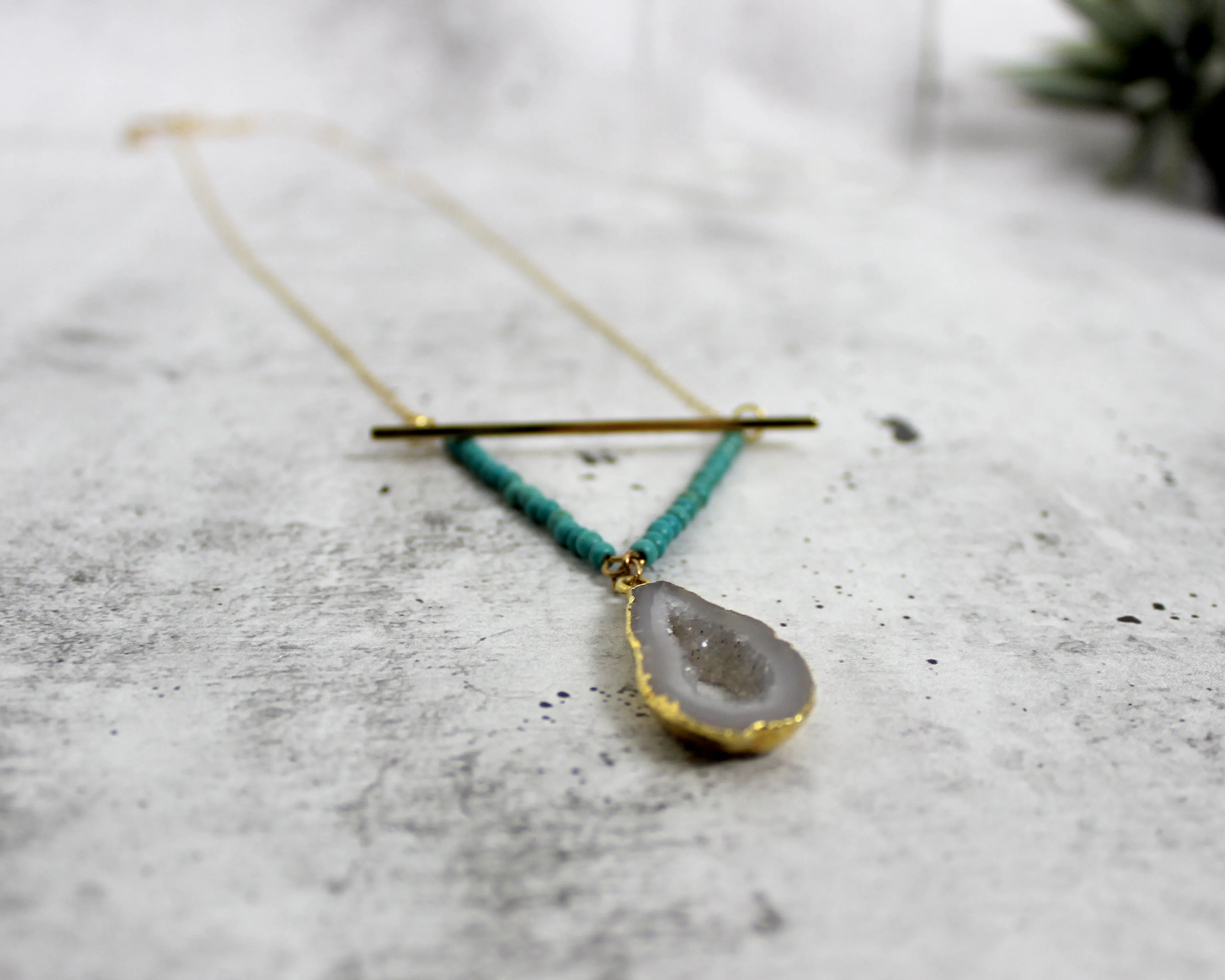 Be Strong // Turqoise Beaded Druzy V Necklace, Silver or Gold, Handmade Hippie Jewelry // BH-N010