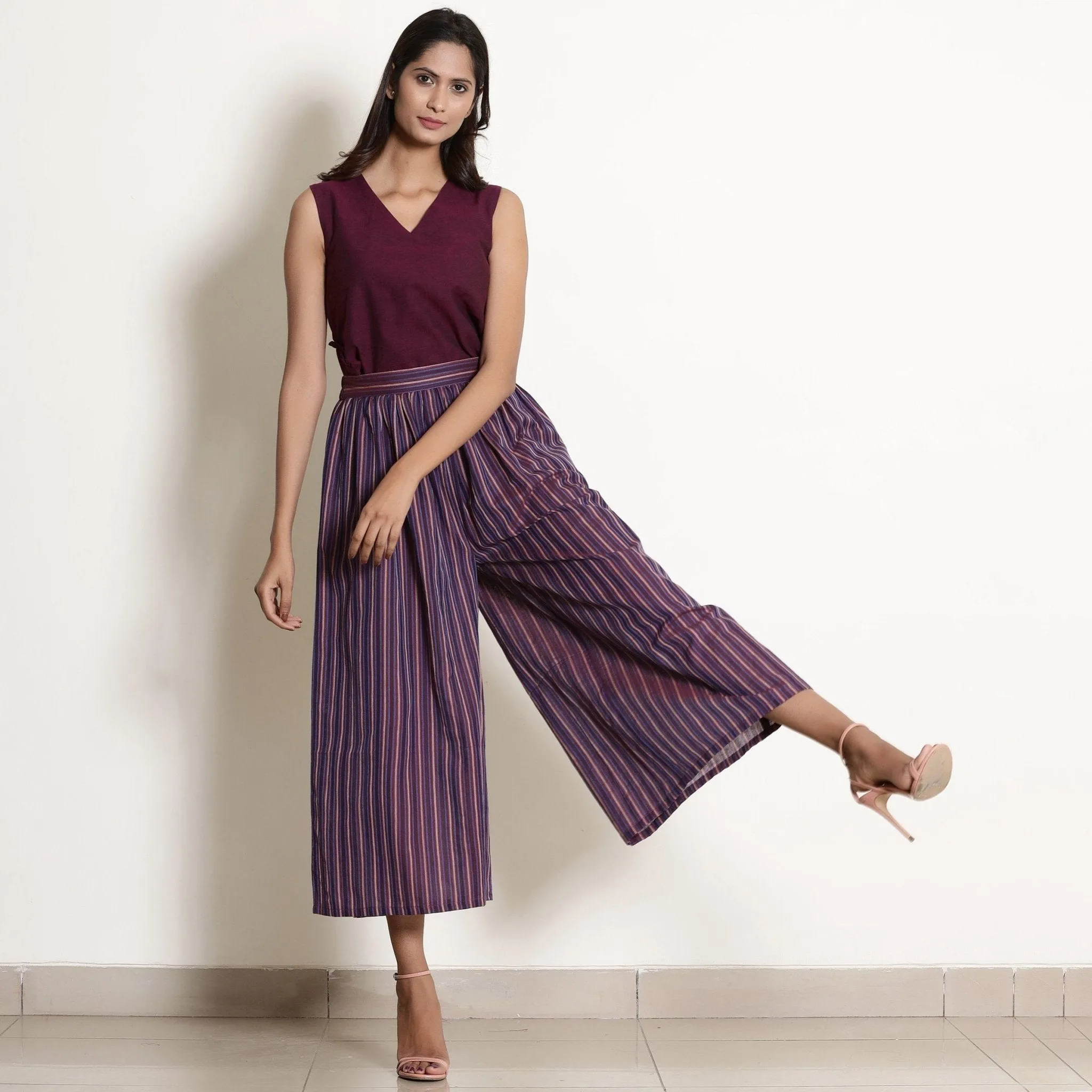 Berry Wine Striped Cotton Elasticated Flared Culottes