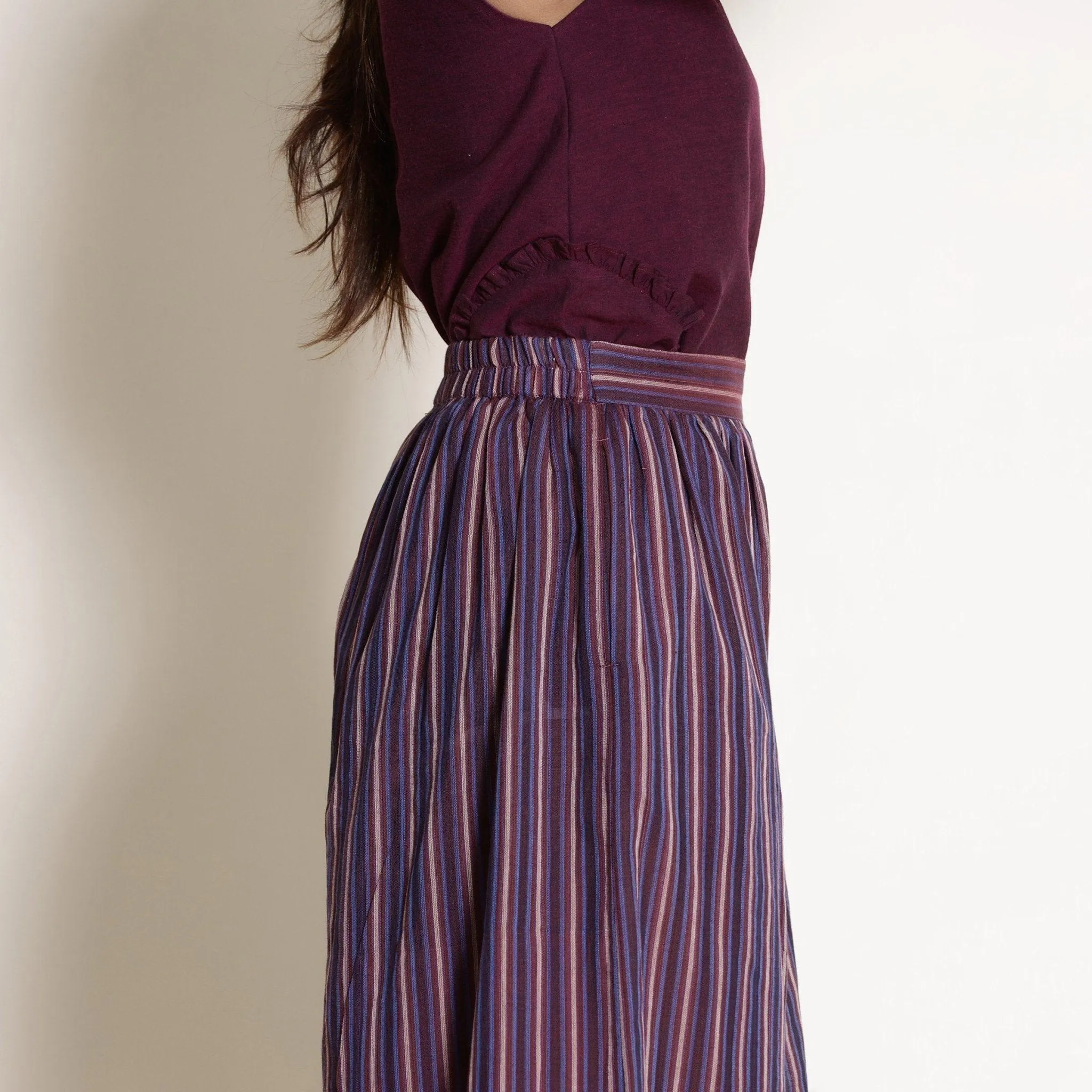 Berry Wine Striped Cotton Elasticated Flared Culottes