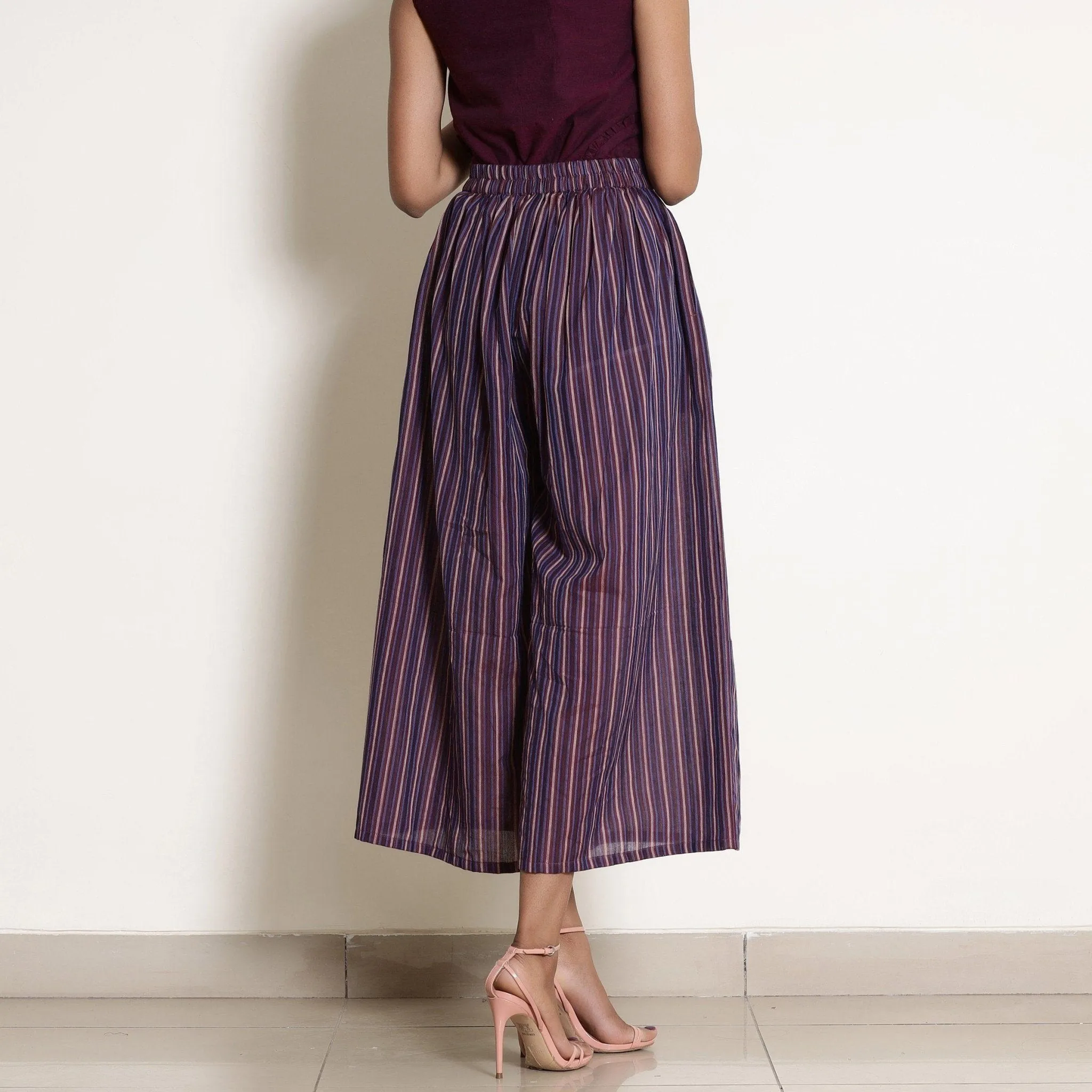 Berry Wine Striped Cotton Elasticated Flared Culottes