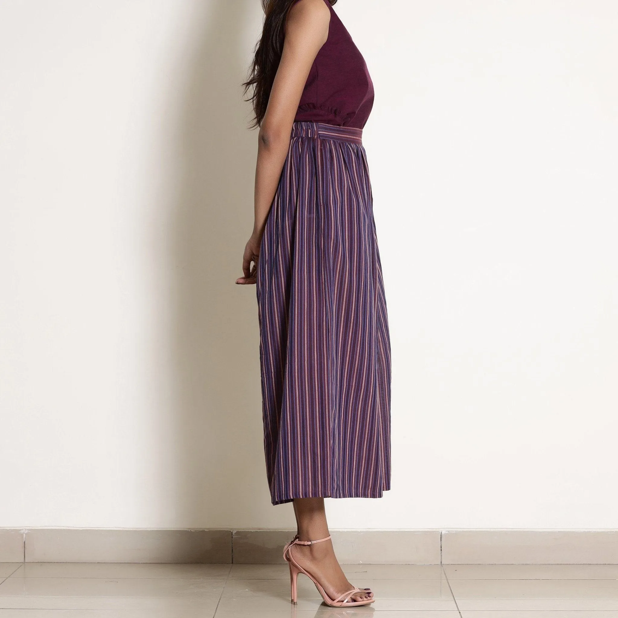 Berry Wine Striped Cotton Elasticated Flared Culottes