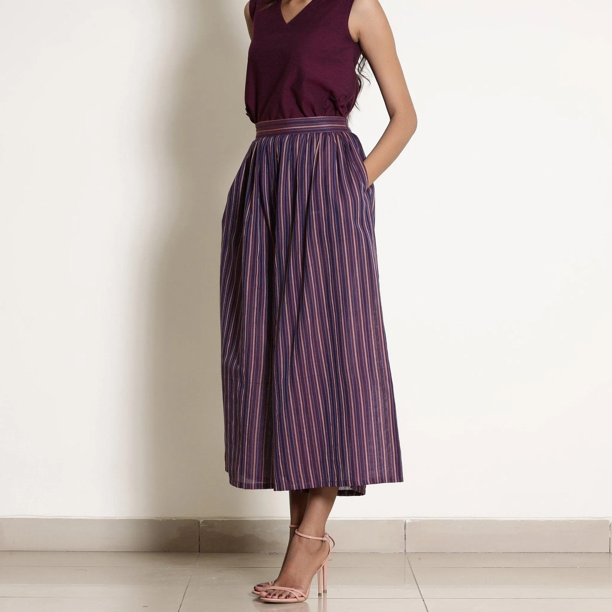 Berry Wine Striped Cotton Elasticated Flared Culottes