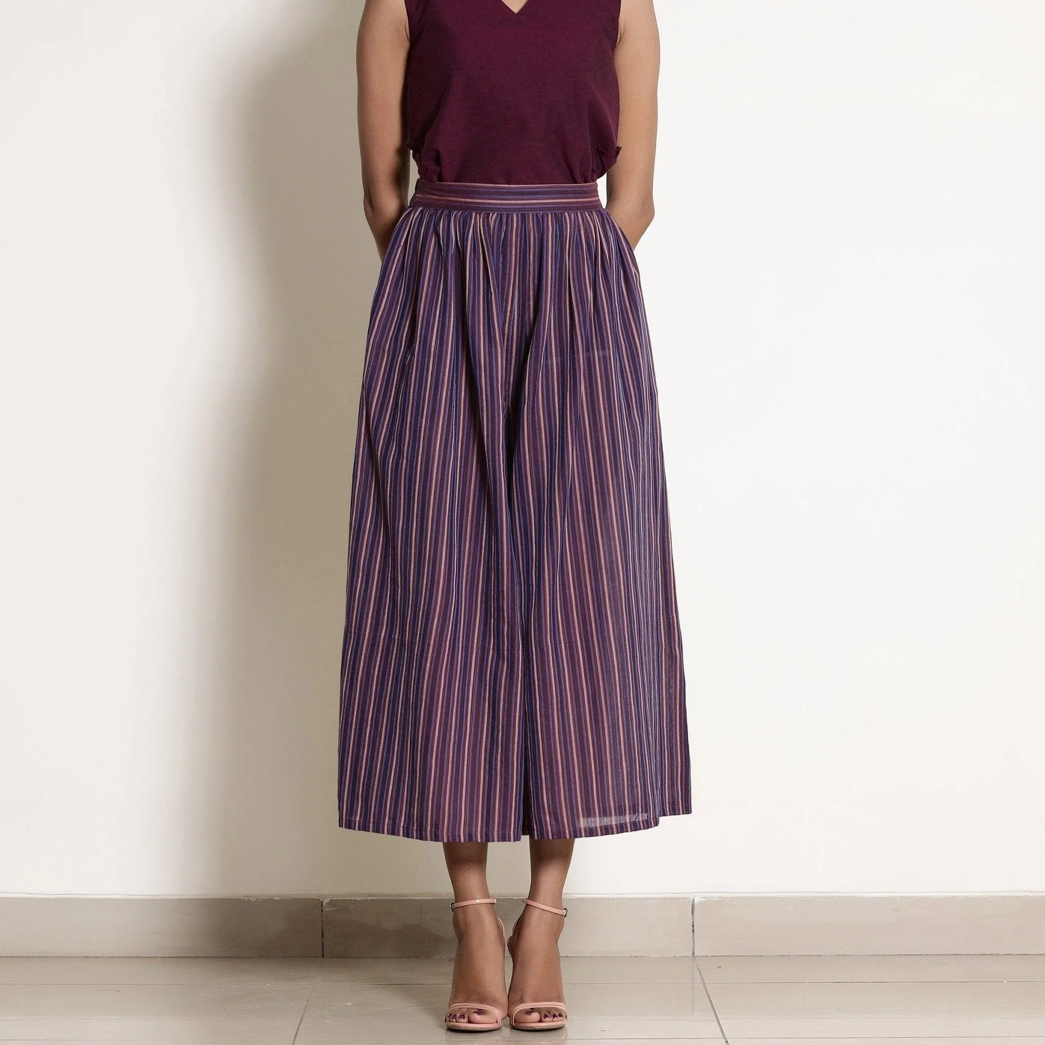 Berry Wine Striped Cotton Elasticated Flared Culottes