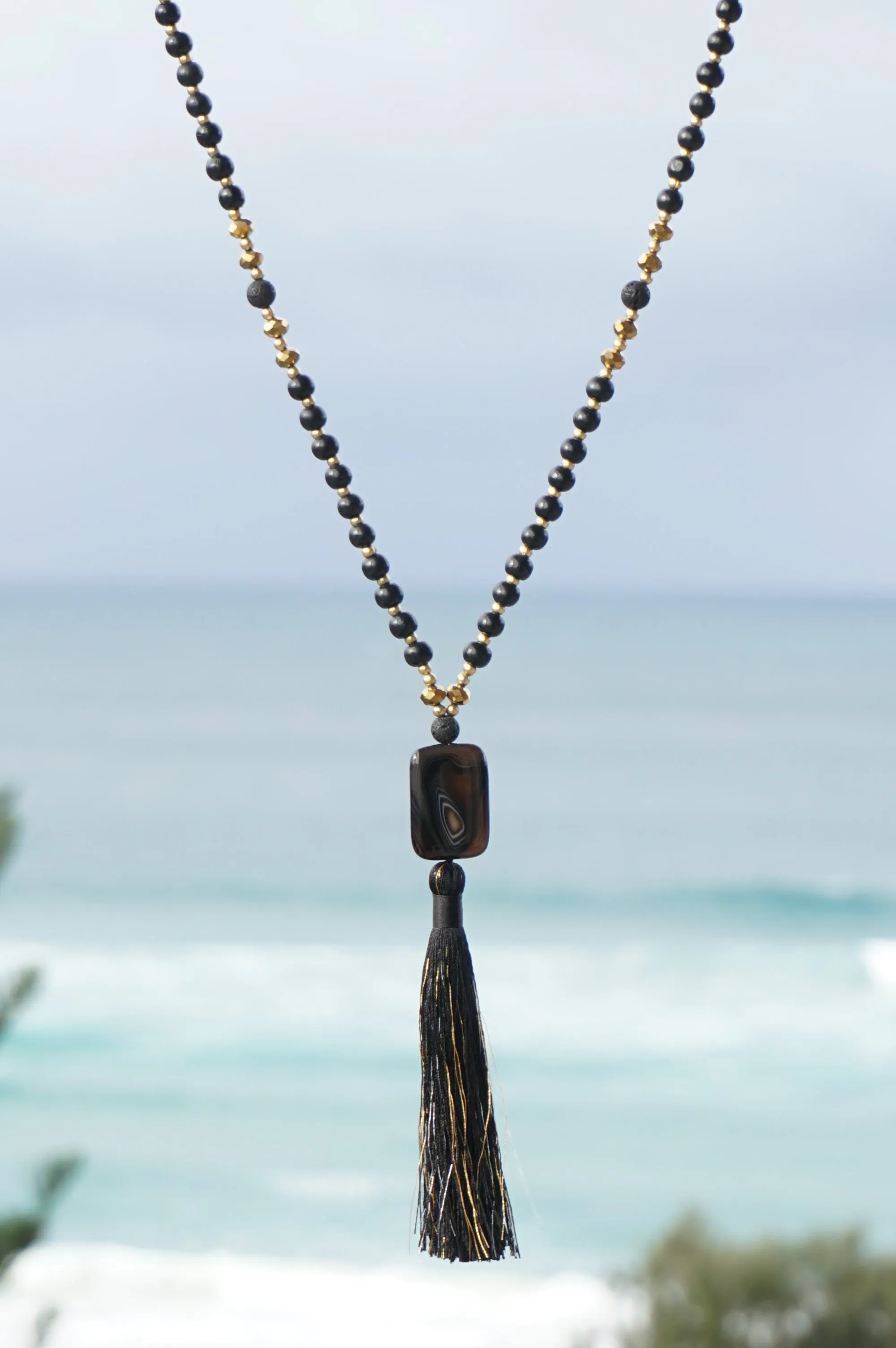 Black and Gold Black Stone Pendant Tassel Necklace