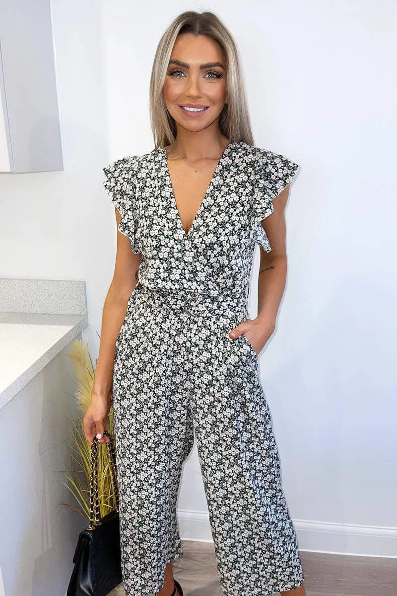 Black Daisy Print Wrap Jumpsuit