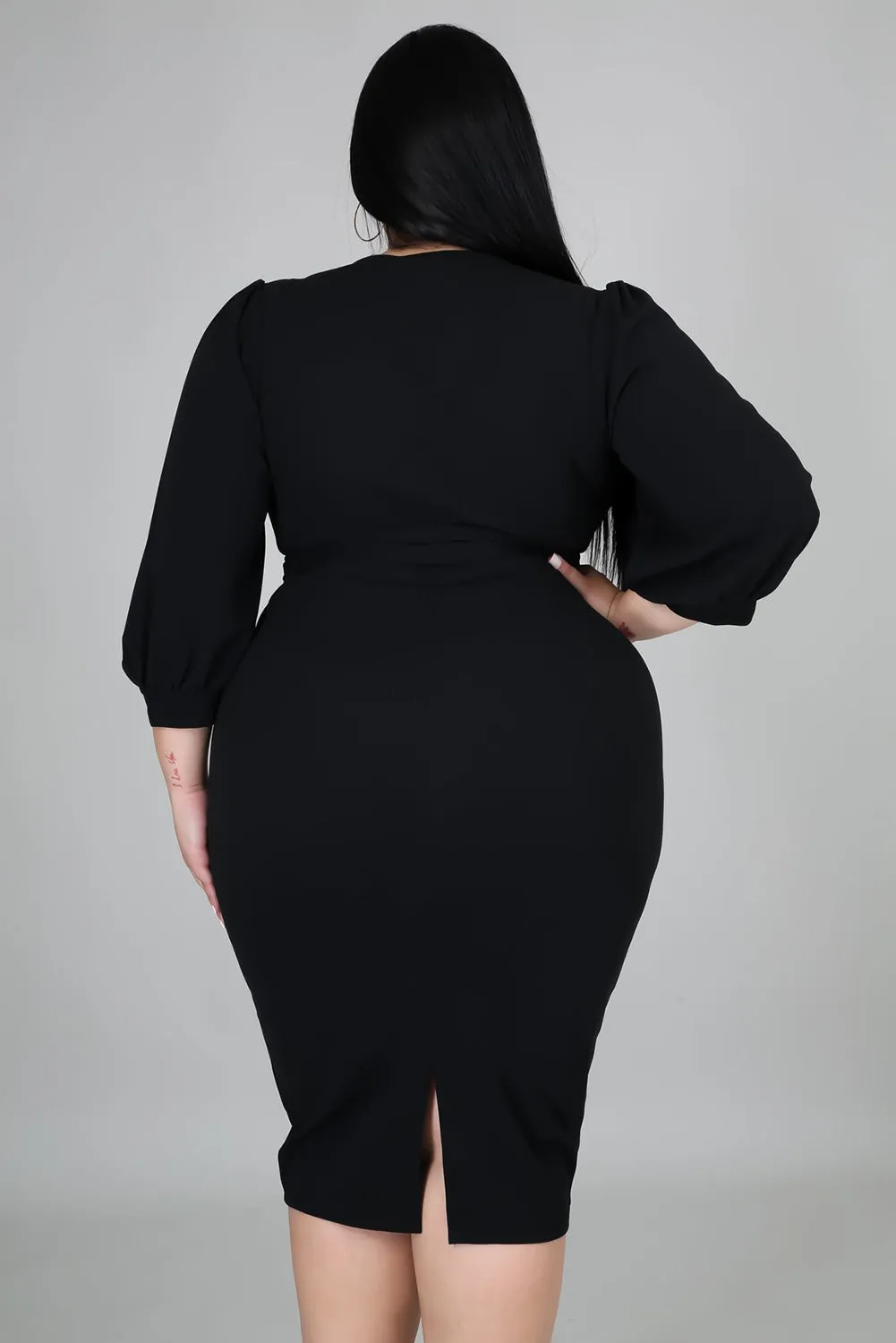 Black Puff Sleeve Wrap Dress - Plus Size