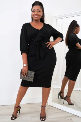 Black Puff Sleeve Wrap Dress - Plus Size