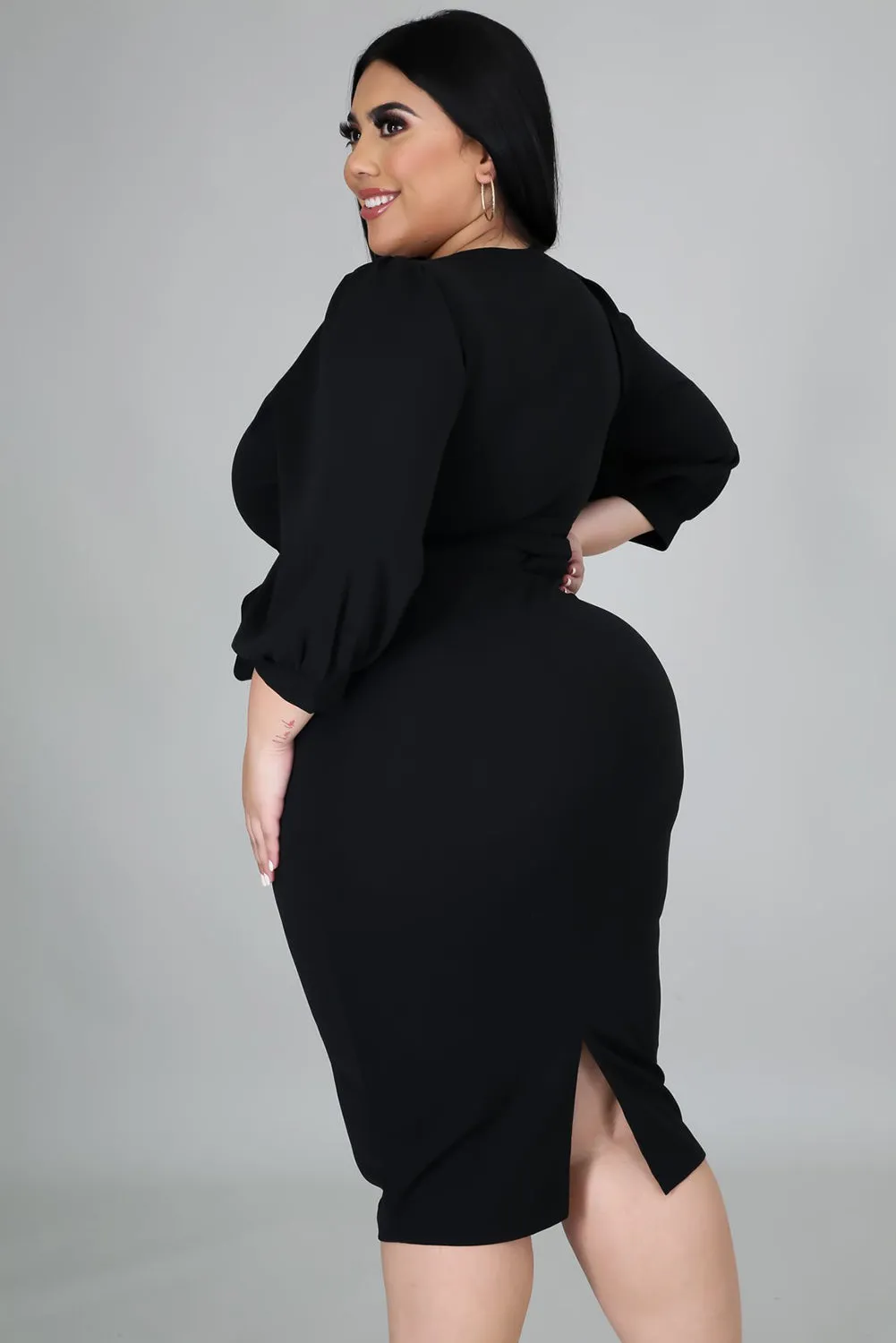 Black Puff Sleeve Wrap Dress - Plus Size