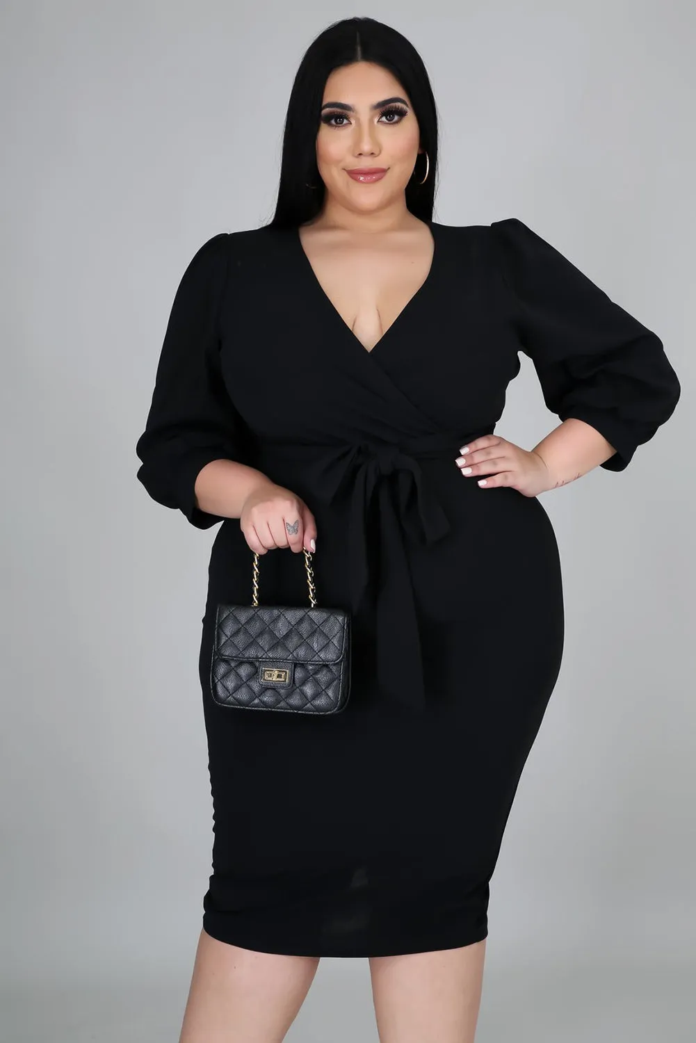 Black Puff Sleeve Wrap Dress - Plus Size