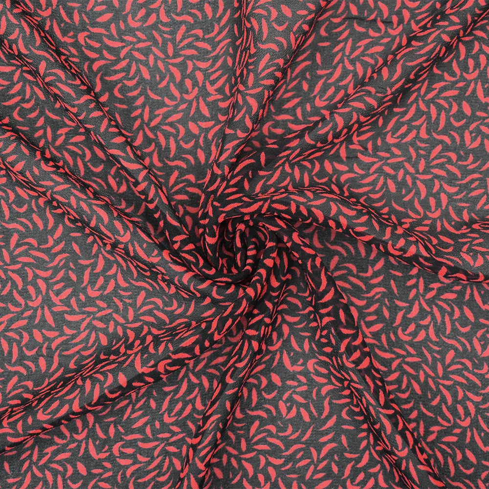 Black-Red Abstract Printed Poly Chiffon Woven Fabric