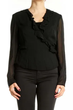 Black Ruffled Sheer-Sleeve Blouse