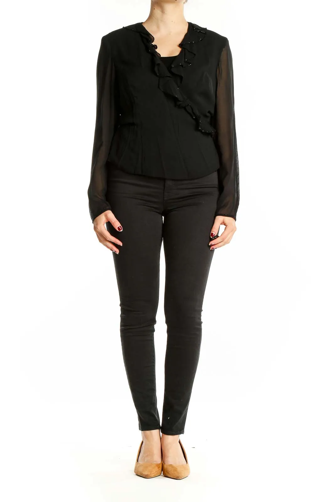 Black Ruffled Sheer-Sleeve Blouse