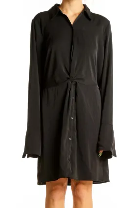 Black Twist-Front Button-Down Shirt Dress