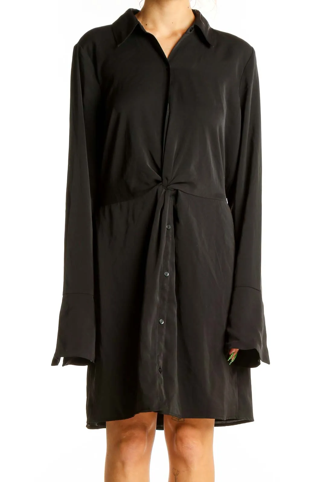 Black Twist-Front Button-Down Shirt Dress