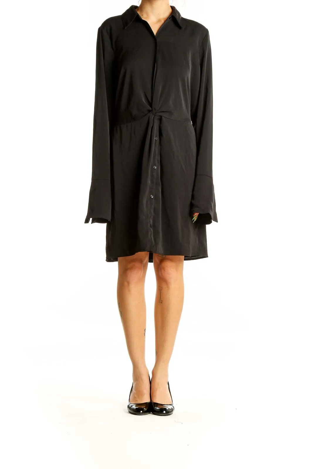 Black Twist-Front Button-Down Shirt Dress