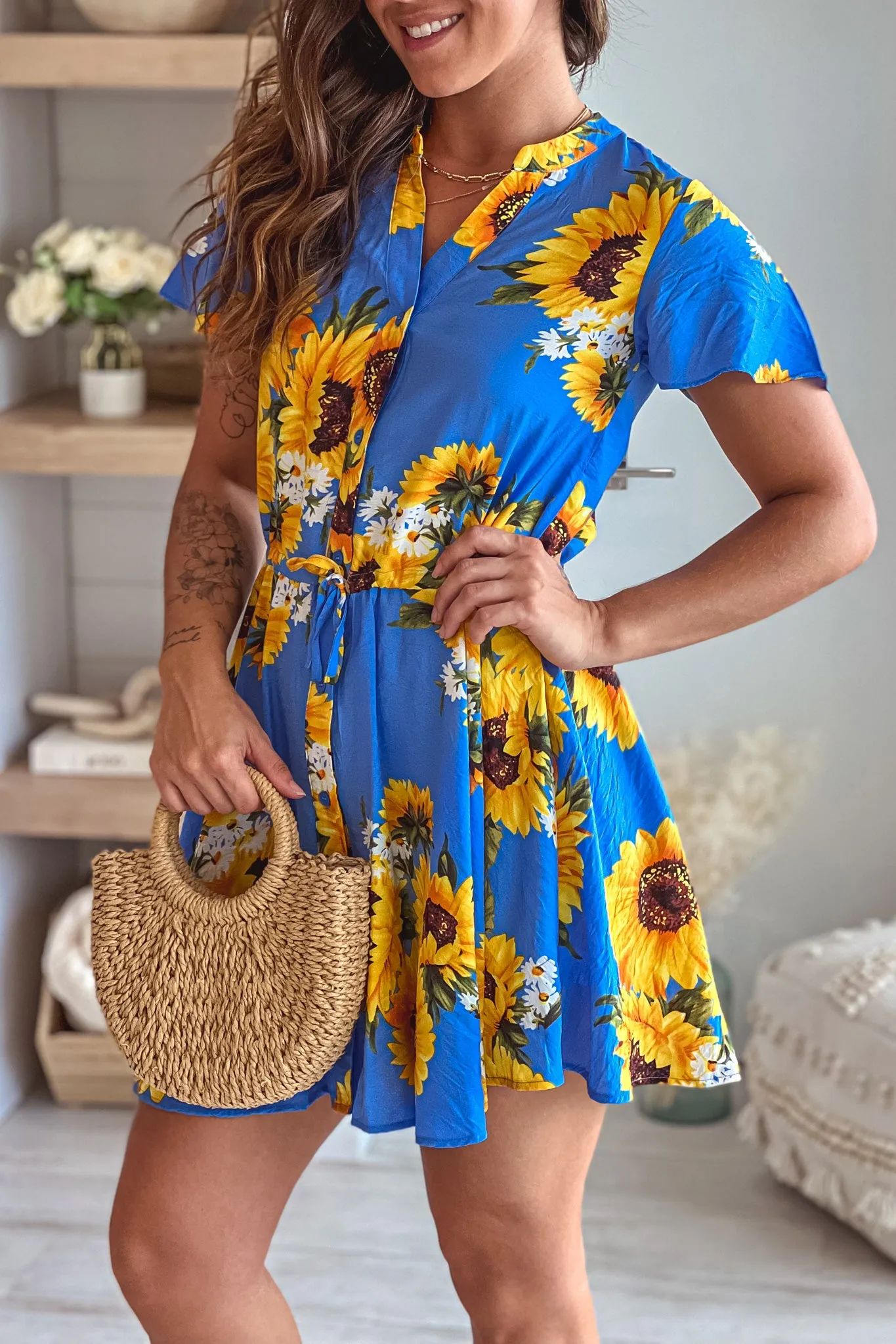 Blue Floral Button Down Short Dress