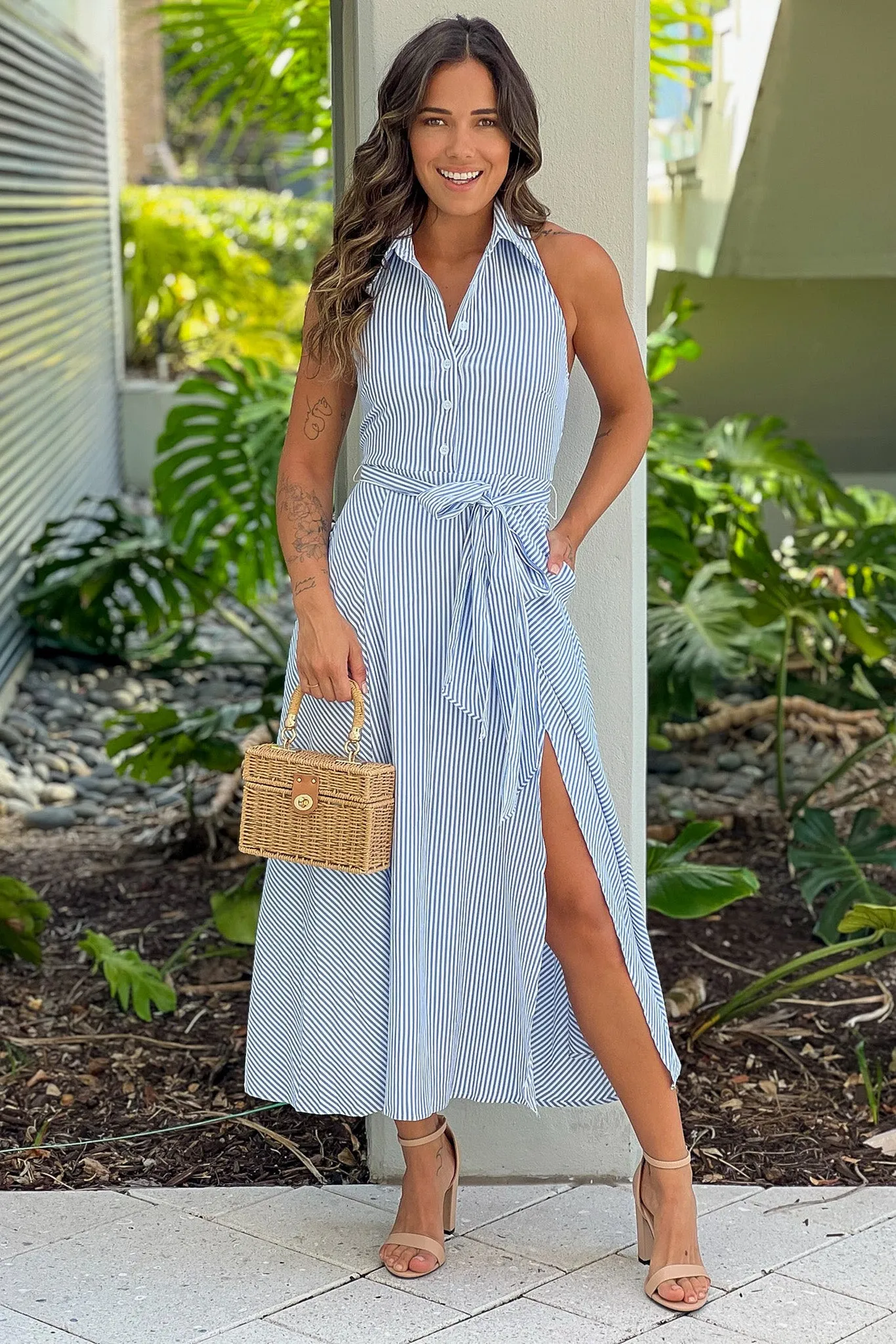 Blue Striped Button Down Dress